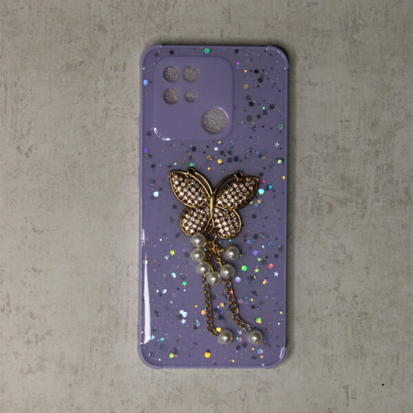 KC Back Colour for redmi 10C, Fixed butterfly with hanging pearl in sparkle design